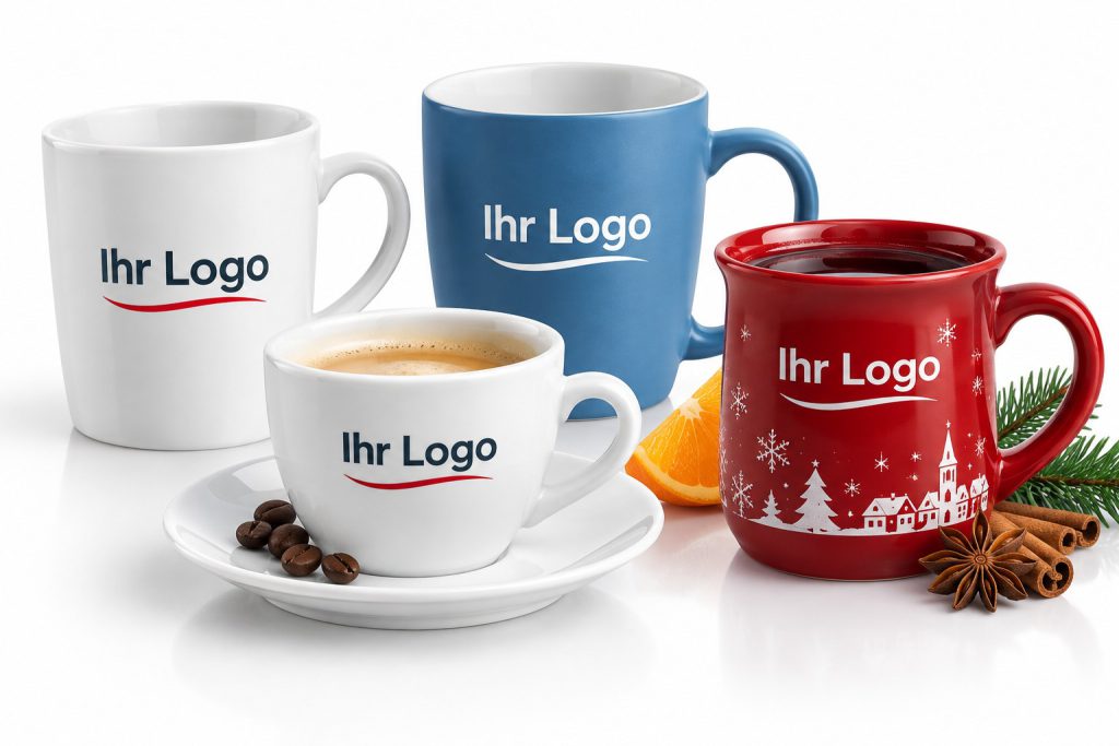 Porzellan- und Keramiktassen mit Logo, Tasse mit Untertasse und Glühweinbecher