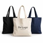 Drei Baumwolltaschen als Werbeartikel mit Logo in verschiedenen Farben