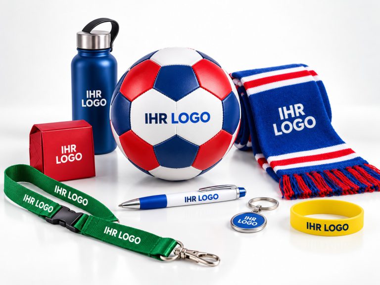 Fußball Werbeartikel mit Logo wie Fußball, Trinkflasche, Fanschal und Lanyard