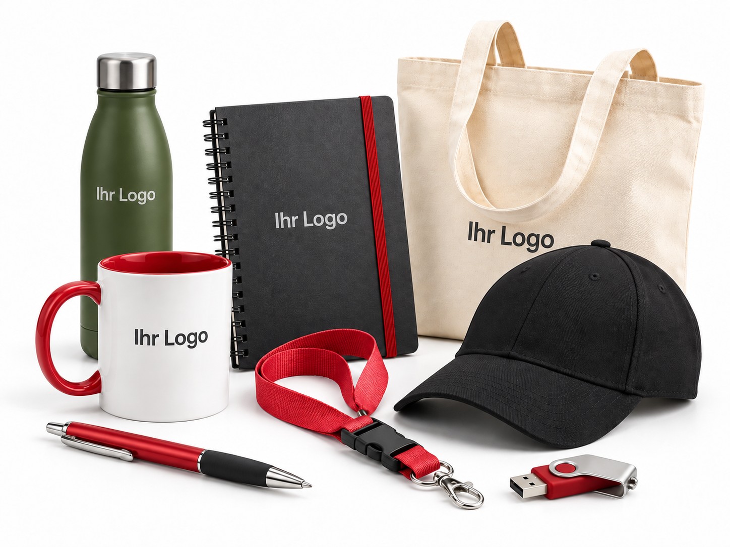 Verschiedene Werbeartikel mit Logo wie Tasse, Notizbuch, Lanyard, Baumwolltasche, Trinkflasche und Cap